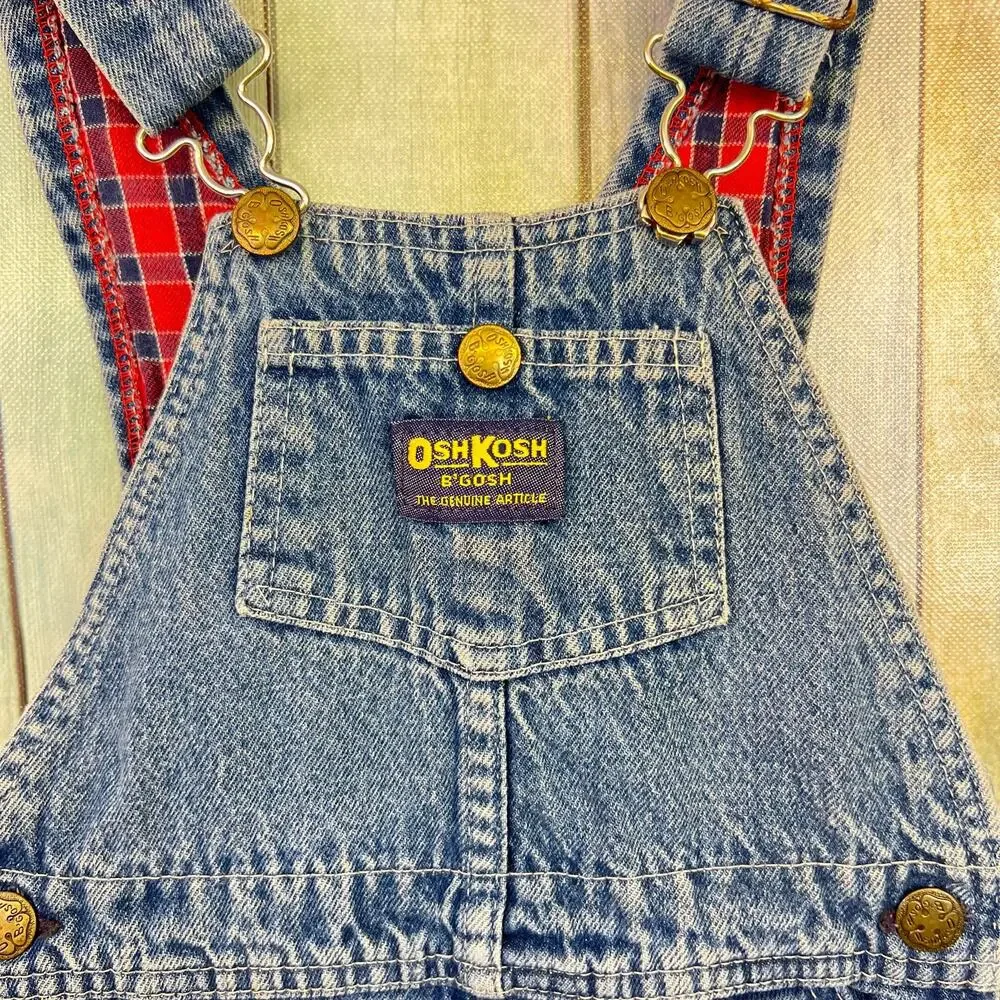 OshKosh B'Gosh Denim Overalls Red Plaid Lined Size 4T Made USA Vintage Vestbak